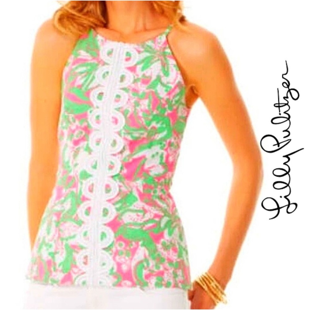 Lilly Pulitzer Pink Floral Lace Trim Halter Top Size 2 Colorful Summer Sunny day